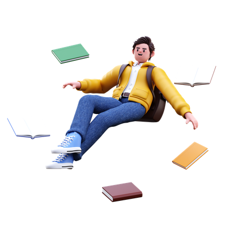 Boy flying with books  3D Illustration