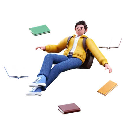 Boy flying with books  3D Illustration