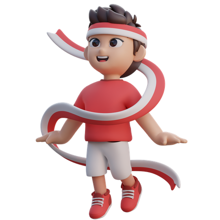 Boy Flying with Indonesian Flag Ribbon  3D Illustration