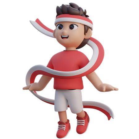 Boy Flying with Indonesian Flag Ribbon  3D Illustration