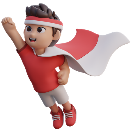 Boy Flying with Indonesian Flag Wing  3D Illustration