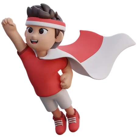 Boy Flying with Indonesian Flag Wing  3D Illustration