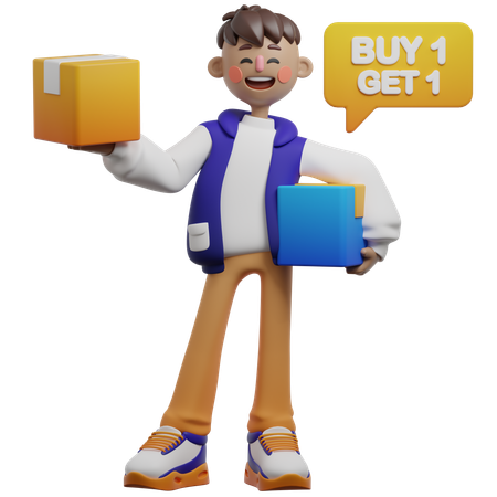 Boy Getting Buy One Get One Box  3D Illustration