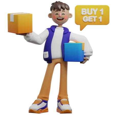 Boy Getting Buy One Get One Box  3D Illustration