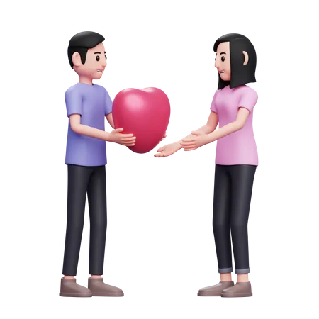 Boy giving heart balloon to girl  3D Illustration