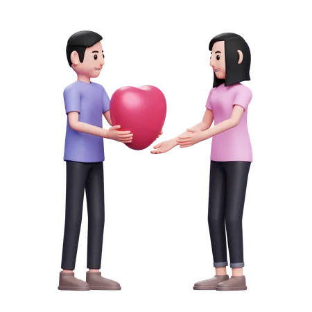 Boy Gives Heart To Girlfriend 3 D Valentines Day Concept Character Illustration 3D Illustration