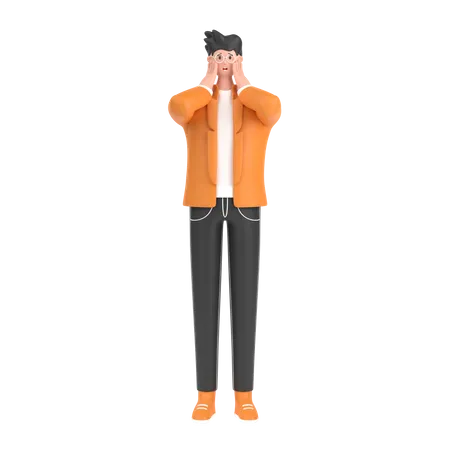 Boy giving scared expression with his hand  3D Illustration