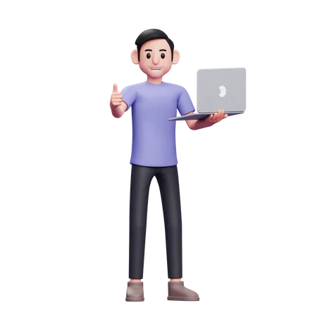 Boy Standing Holding Laptop With Left Hand Giving Thumbs Up 3 D Render Character Illustration 3D Illustration