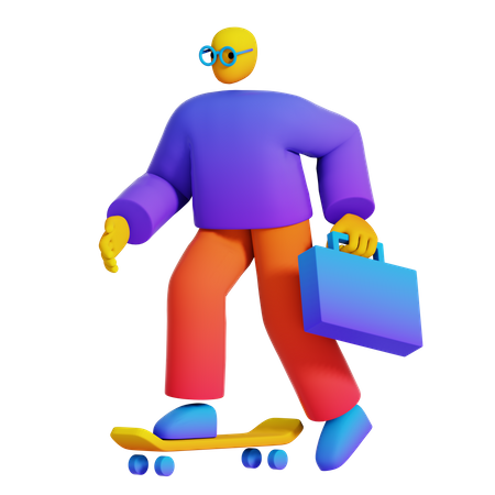 Boy Go to Work on Skateboard  3D Illustration