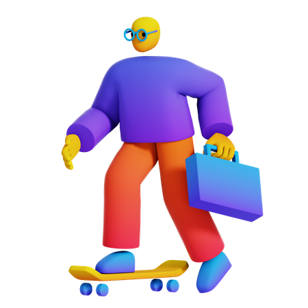 Boy Go to Work on Skateboard 3D Illustration