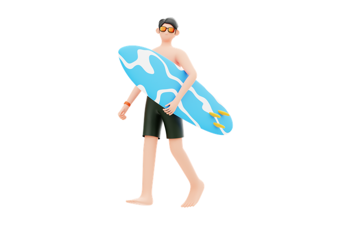 Boy Going For Surfboarding  3D Illustration