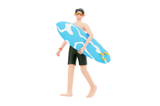 Boy Going For Surfboarding  3D Illustration