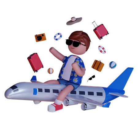 Boy Going On Vacation in Airplane  3D Illustration