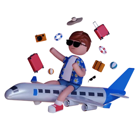 Boy Going On Vacation in Airplane  3D Illustration