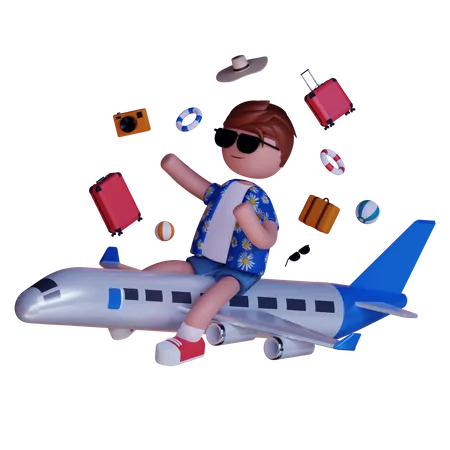 Boy Going On Vacation in Airplane 3D Illustration