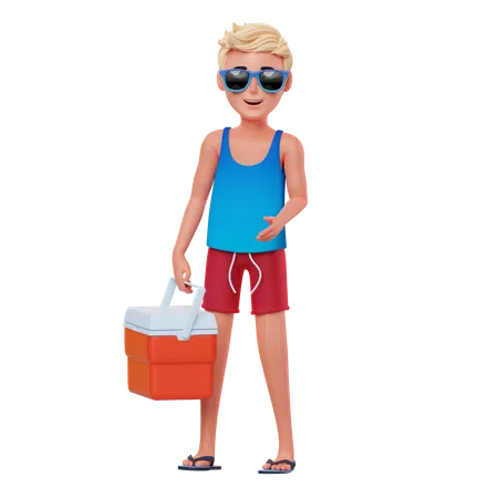 Boy going to picnic with cooler  3D Illustration