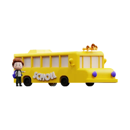 Boy going to school using bus 3D Illustration