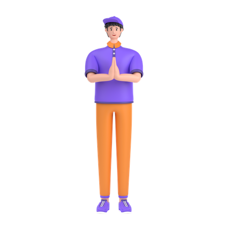 Boy greeting saying namaste with his hands  3D Illustration