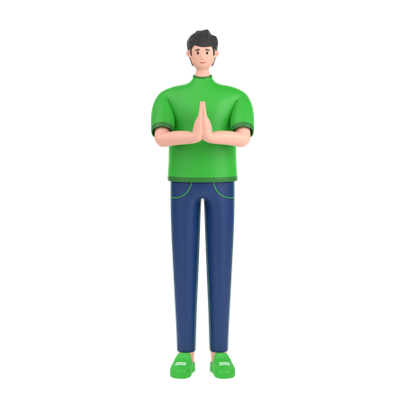 Boy greeting saying namaste with his hands  3D Illustration