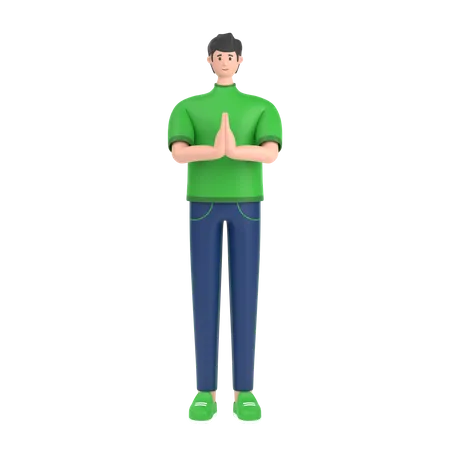 Boy greeting saying namaste with his hands  3D Illustration