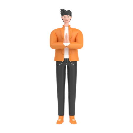 Boy greeting saying namaste with his hands  3D Illustration