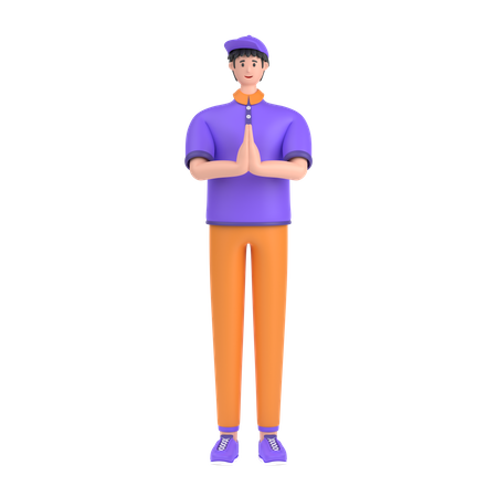 Boy greeting saying namaste with his hands 3D Illustration