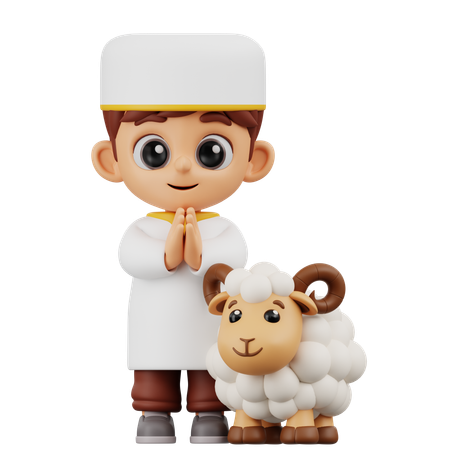 Boy Greeting With Sheep  3D Illustration