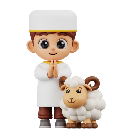Boy Greeting With Sheep  3D Illustration