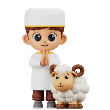 Boy Greeting With Sheep  3D Illustration