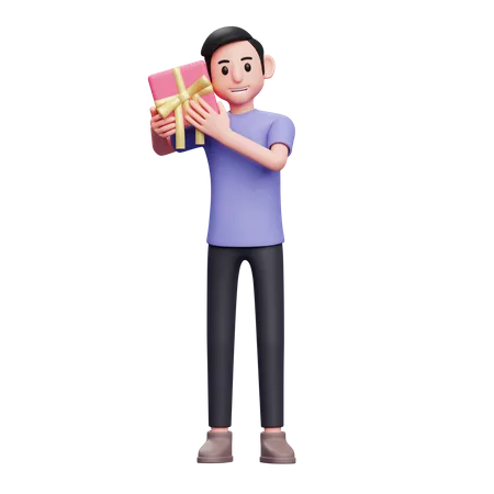 Boy Guesses The Contents Of A Gift By Listening To It Boy Celebrating Valentines Day 3 D Illustration 3D Illustration