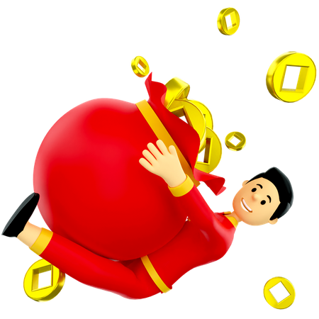 Boy hanging on bag of Chinese coins  3D Illustration