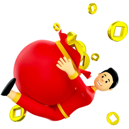 Boy hanging on bag of Chinese coins  3D Illustration