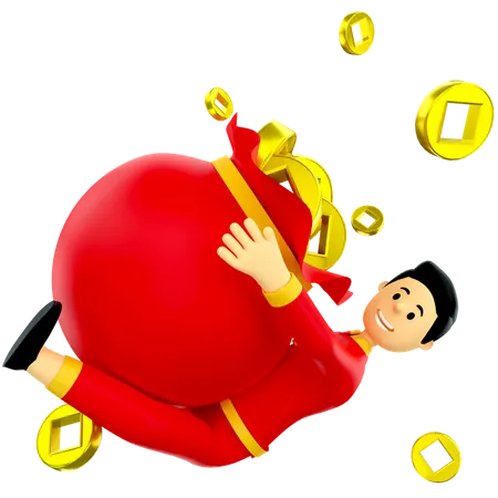 Boy hanging on bag of Chinese coins 3D Illustration