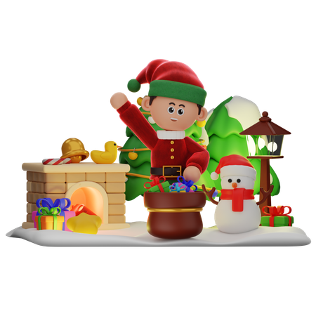 Boy Having Bag Of Gifts  3D Illustration