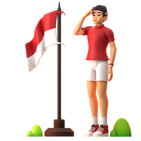 Boy Having Respect For Indonesian Flag  3D Illustration