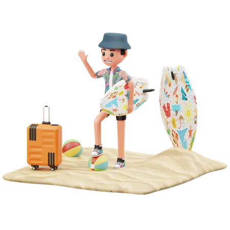 Boy hold surf board and say hello  3D Illustration