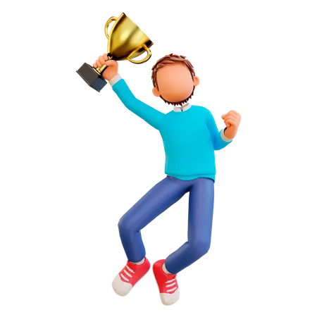 Cute Boy Happy Jump Holding A Trophy 3D Illustration