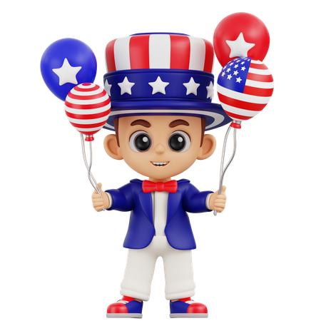 Boy Holding American Balloons  3D Illustration