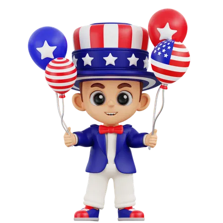 Boy Holding American Balloons  3D Illustration