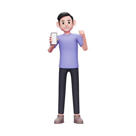 Boy holding and showing phone screen with winning gesture getting good news  3D Icon