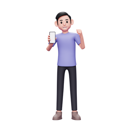 Boy holding and showing phone screen with winning gesture getting good news 3D Illustration