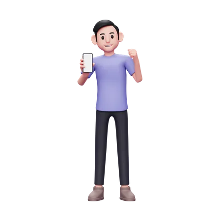 Boy holding and showing phone screen with winning gesture getting good news  3D Illustration