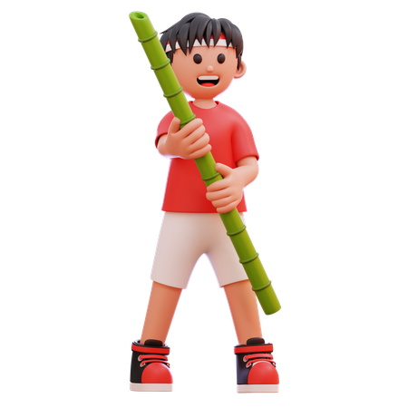 Boy Holding Bamboo  3D Illustration