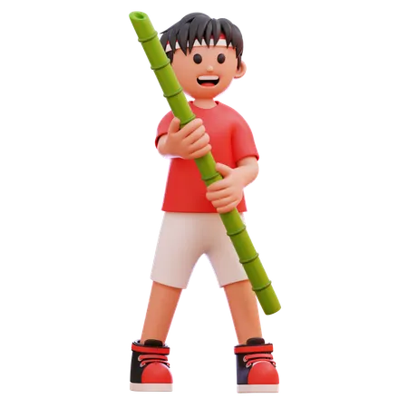 Boy Holding Bamboo  3D Illustration