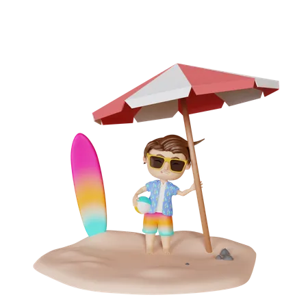 Boy holding beach ball  3D Illustration