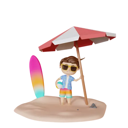 Boy holding beach ball 3D Illustration