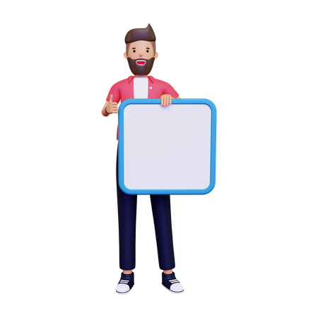 Boy holding blank board  3D Illustration