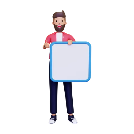 Boy holding blank board  3D Illustration