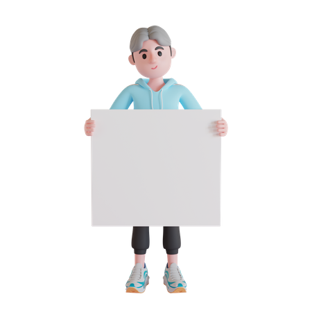 Boy holding blank placard  3D Illustration