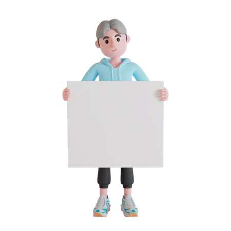 Boy holding blank placard  3D Illustration